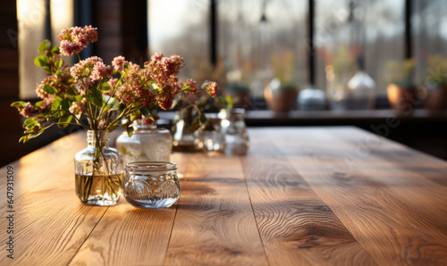 Empty Rustic Brown Wooden Countertop Mockup, Blank Table for Product Display, Wood Tabletop Template with Plants Decoration. Generative AI