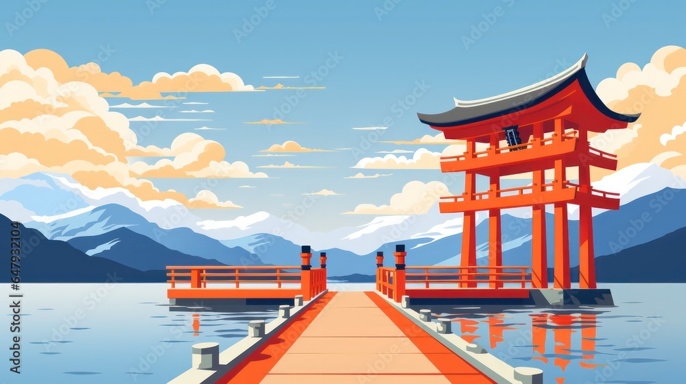 Obraz premium Itsukushima Shrine Poster in the Sunny Day with Blue Sky View generative ai