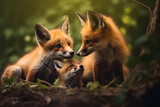 The fox and his cub are playing photography style Made with Generative AI