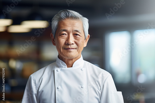 Portrait of senior Asian Chef in kitchen