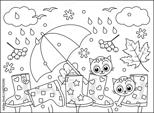 Autumn coloring page with gumboots, umbrella, falling leaves, first snowflakes, rain, and two cute kittens

