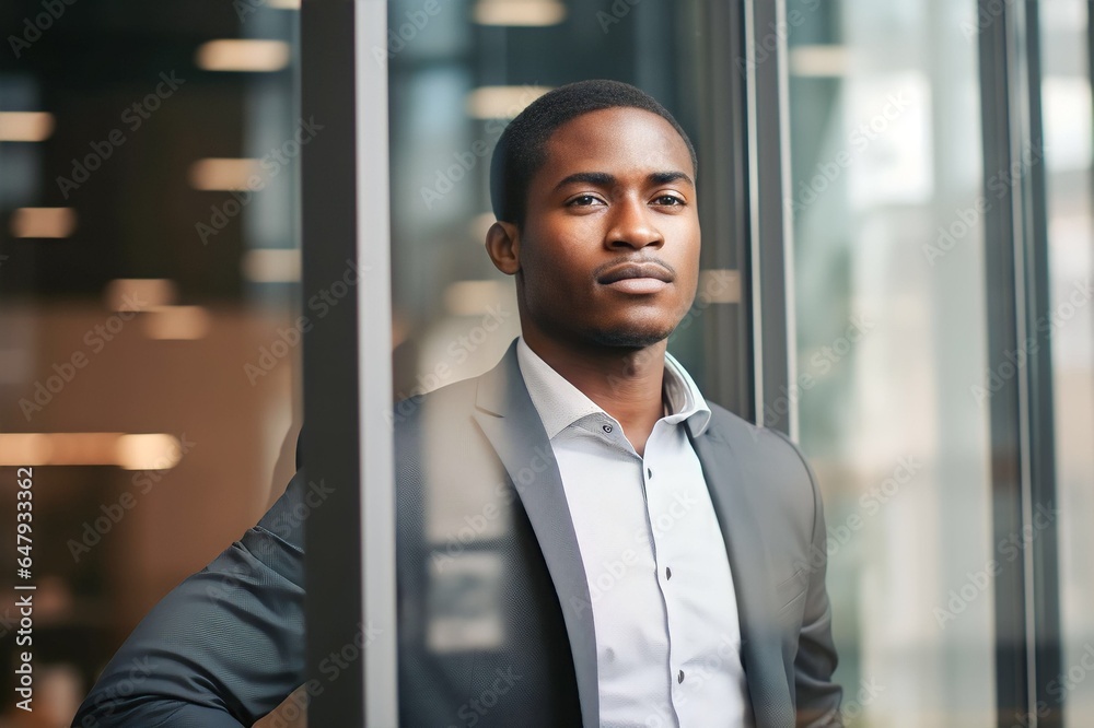 Fototapeta premium Confident young black businessman standing at window in office alone
