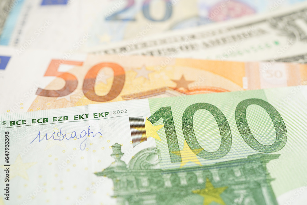 Euro and US dollar banknote cash money, finance economic banking business exchange market concept. Euro and US dollar banknote cash money, finance economic banking business exchange market concept.