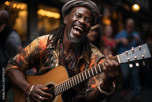 African American man passionately playing a musical instrument in a lively street performance, Generative AI