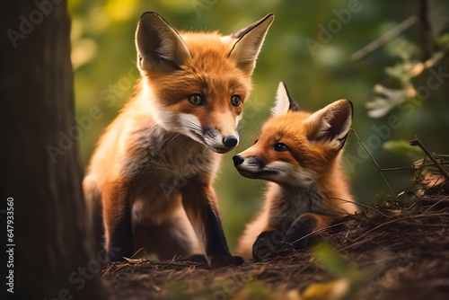 The fox and his cub are playing photography style Made with Generative AI © Dicky