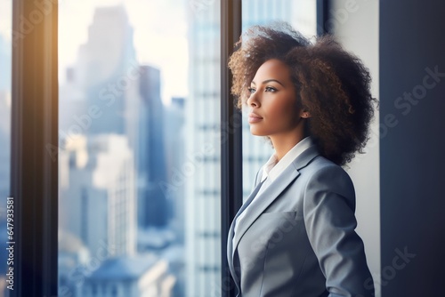 Confident young black businesswoman standing at window in office alone