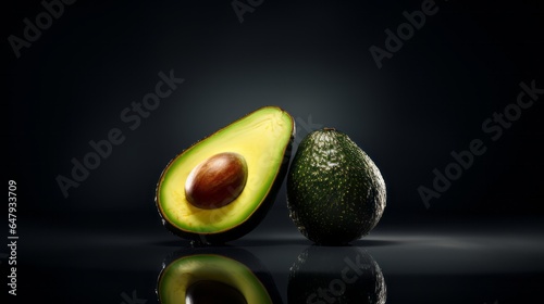 Fresh avocado with drops of water on a black background. Front view. Avocado product on a dark black backdrop with studio lighting and a spotlight shining above.