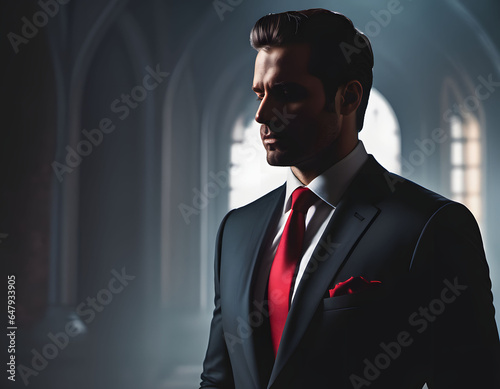 Silhouette man in suit face in shadows no face highlighted red tie. AI generative.