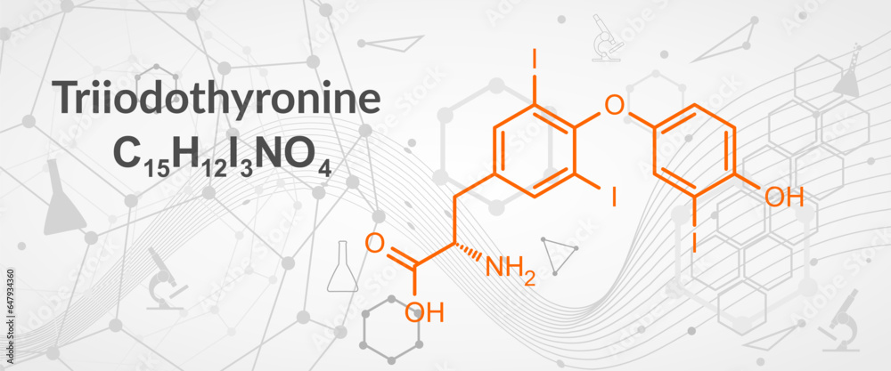 Triiodothyronine (T3, liothyronine) thyroid hormone molecule. Pituitary gland hormone. Also used as drug to treat hypothyroidism. Skeletal formula. Triiodothyronine (T3, liothyronine) thyroid hormone molecule. Pituitary gland hormone. Also used as drug to treat hypothyroidism. Skeletal formula.