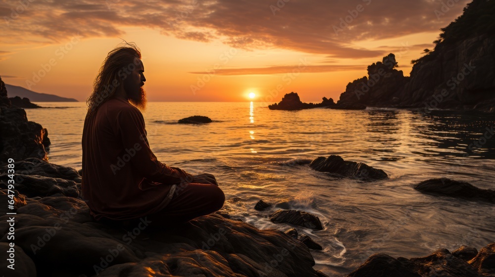 Calm sunset by the sea with a man sitting on a rock and meditating