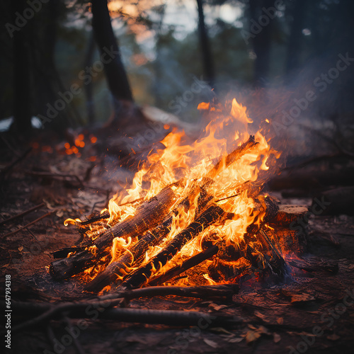 Fire in a forest during a barbecue on a hike. Made with genreative ai