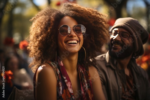  Young Afro American couple laughing together in a park, Generative AI