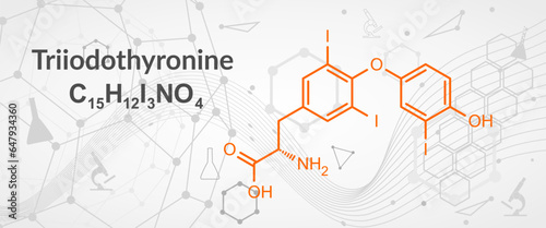 Triiodothyronine (T3, liothyronine) thyroid hormone molecule. Pituitary gland hormone. Also used as drug to treat hypothyroidism. Skeletal formula.
