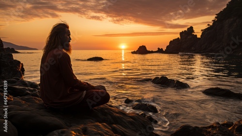 Calm sunset by the sea with a man sitting on a rock and meditating © senadesign