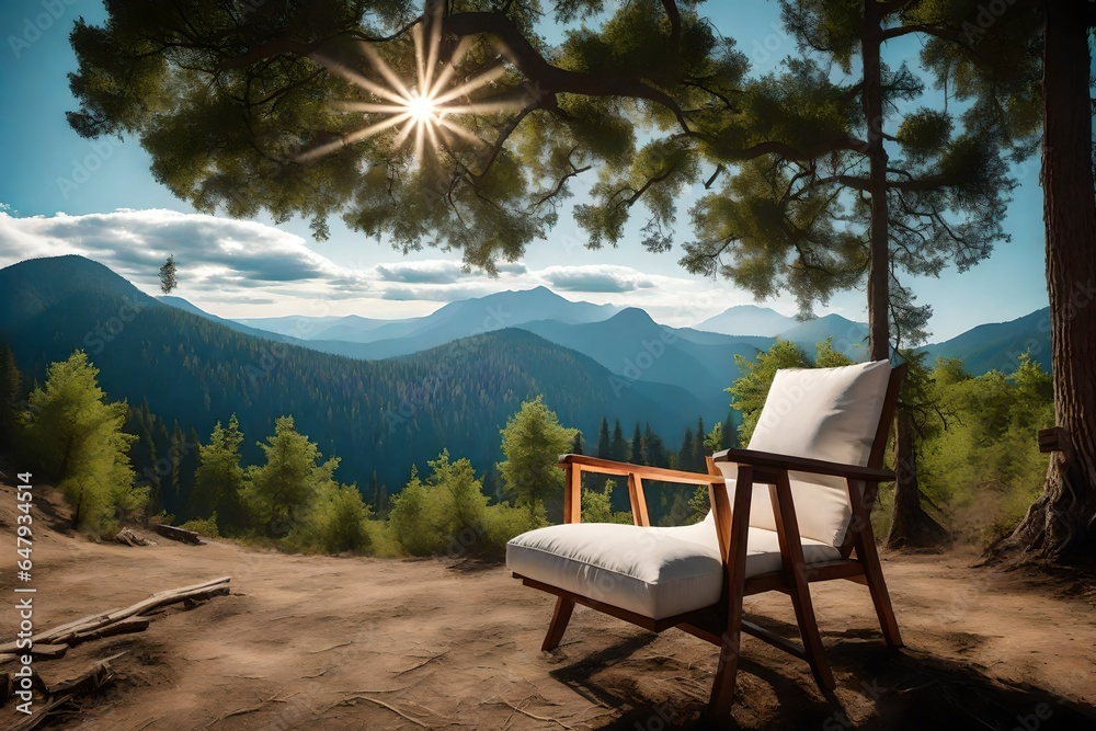 A chair made of wood and a white pillow in a natural location with mountains, a forest, and a clear sky