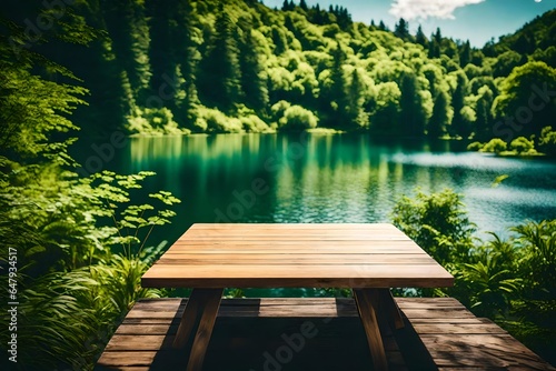 A background of summer lakes and hazy foliage can be seen behind the top of the empty wooden table