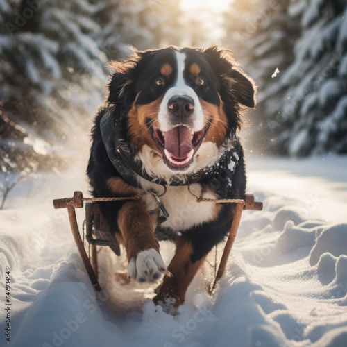 Bernese Mountain Dog Pulling a Sled Through a Picturesque Winter Wonderland