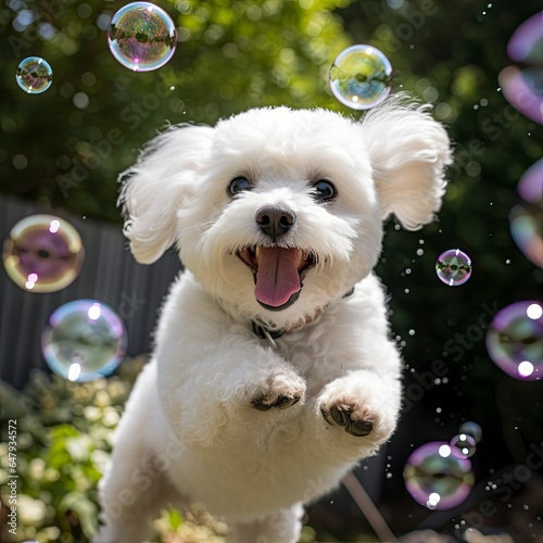 Joyful Bichon Frise Playing with Bubbles in Sunny Backyard