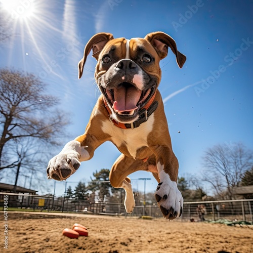 Playful Boxer Leaps at a Vibrant Dog Park
