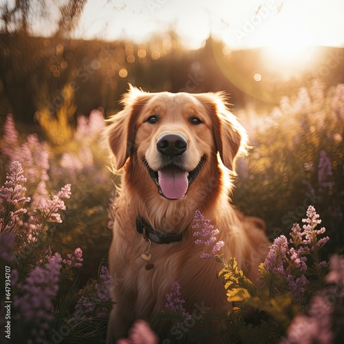 Golden Retriever Enjoying Sunset Amidst Blossoming Flowers