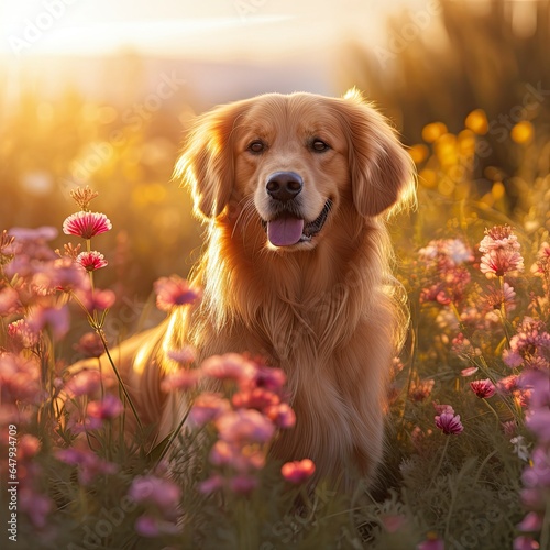 Golden Retriever Enjoying Golden Hour in a Flower Meadow