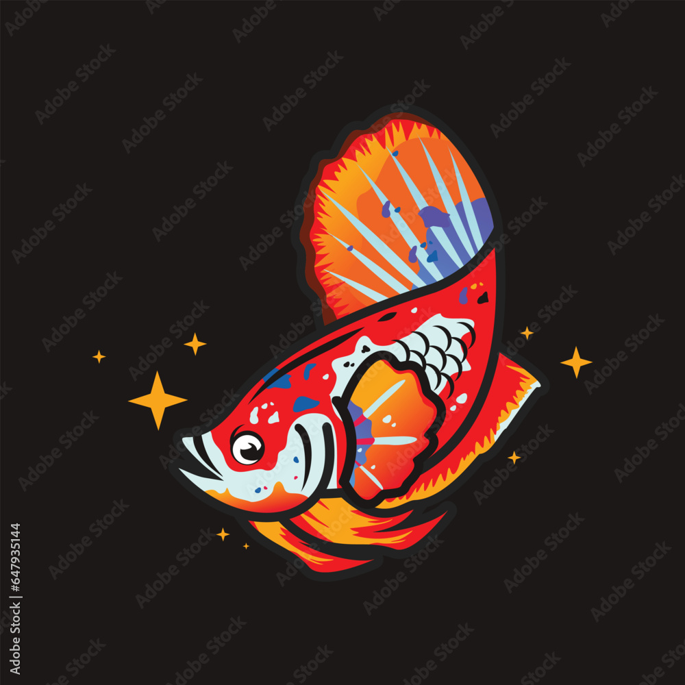 Best quality Betta Fish Vector Illustration. Red, blue, white, black and yellow Beta Fish.