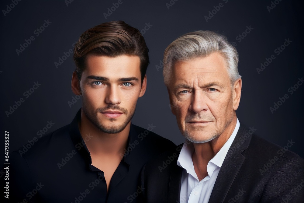 Portrait of old and young handsome men, in studio white background, face skin care