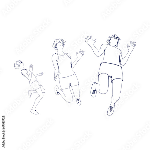 Sequence of jumping beautiful women. Sport girls illustration. Young women wearing workout clothes. Sport fashion girl outline in urban casual style.
