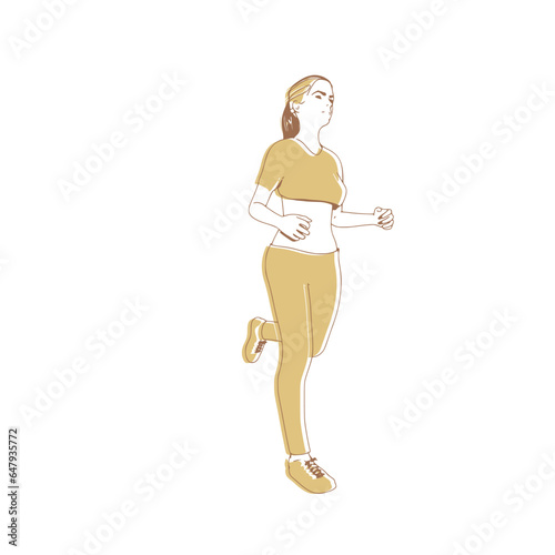 Running woman. Sport girl illustration. Casual sportwear - t-shirt, breeches and sneakers. Young woman wearing workout clothes. Sport fashion girl outline in urban casual style.