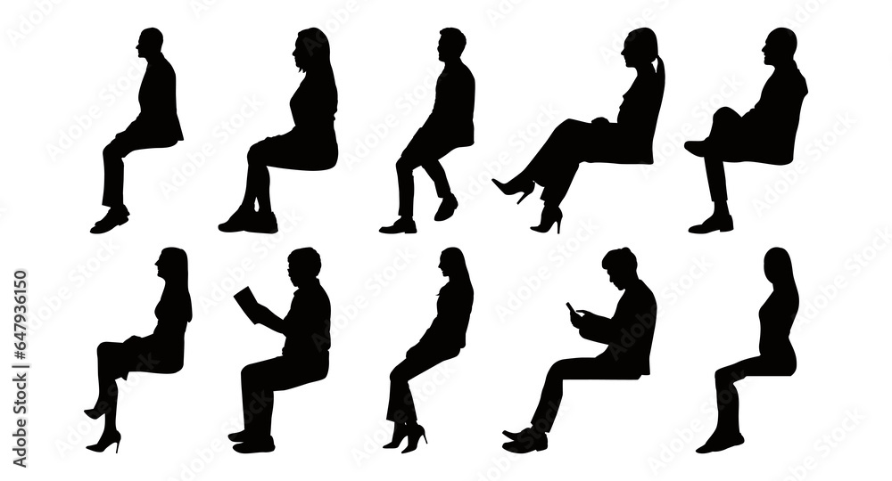Vector set of detailed people sitting side view silhouettes isolated on