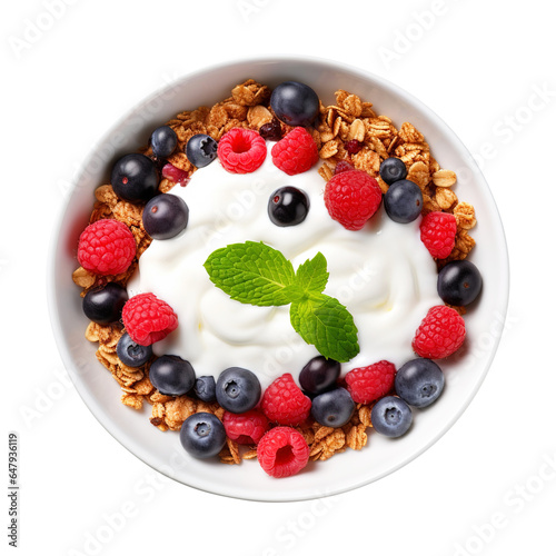 Bowl of Granola with Yogurt with Berries isolated on transparent background Remove png, Clipping Path