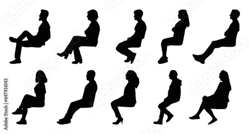 Vector set of detailed people sitting side view silhouettes isolated on white background. Vector illustration