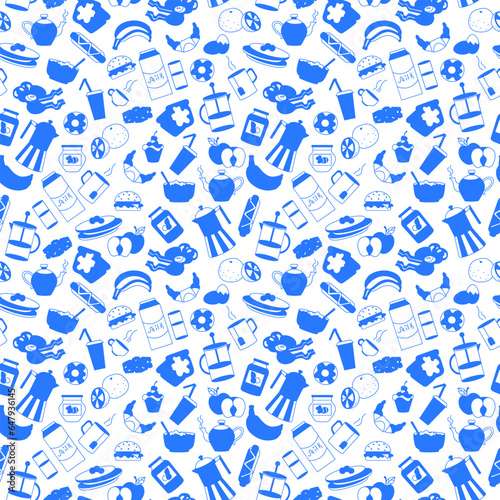 Seamless pattern on theme of food and breakfast , simple contour icons,blue silhouettes icons on a white background photo