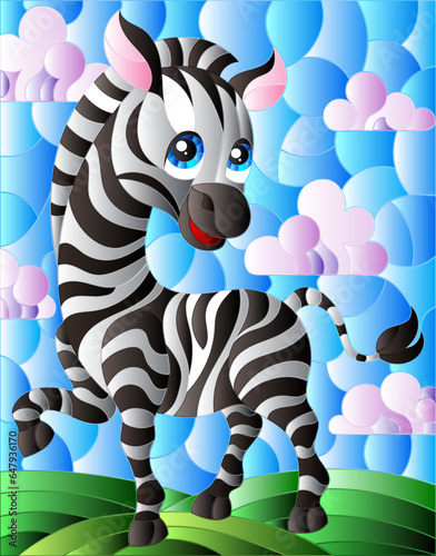 An illustration in the style of a stained glass window with a cute cartoon zebra on the background of a meadow and a blue cloudy sky