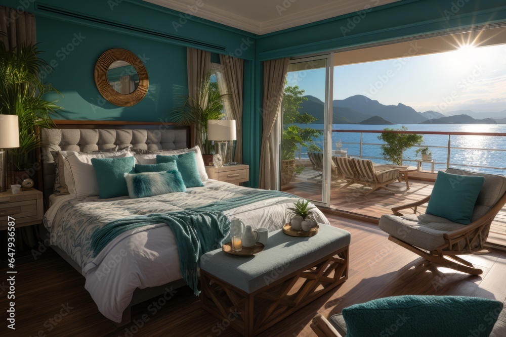  Lavish suite on a luxury cruise ship, featuring a private balcony with panoramic ocean views, Generative AI