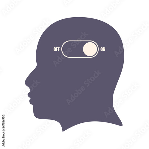 Toggle switch button to turn on brain activity. Active mental, intellectual and thinking. Silhouette of head. Artificial intelligence and machine learning concept.