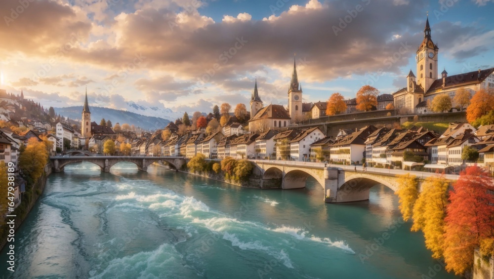Incredible autumn view of Bern city at evening. Scene of Are river with Nude Glitches - Protestant church. Location: Bern, Canton of Bern, Switzerland, Europe