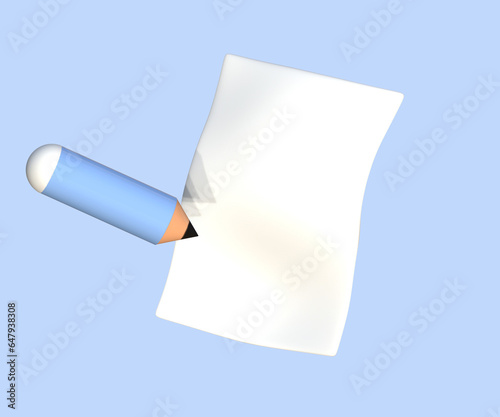 3d render paperwork and blue pencil, 3d render signing contract paper, working on paper sheet, signing loan contract, doing homework with pencil and paper, 3d rendering of pencil and white paper.