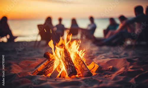 Freunde sitzen zusammen am Lagerfeuer am Strand