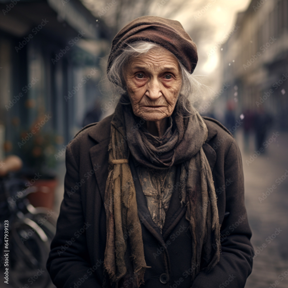 a sad-looking old man standing on the street