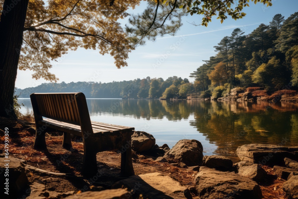 Stone bench overlooking a serene lake, offering a peaceful place for reflection, Generative AI