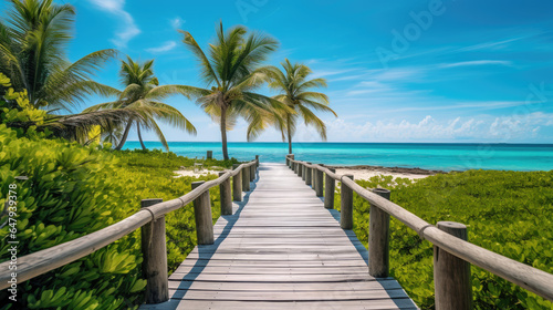 A secluded wooden walkway lined with palm trees along the ocean