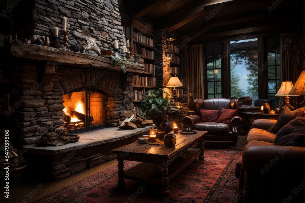 Fototapeta premium Stone fireplace in a cozy cabin, radiating warmth and comfort, Generative AI