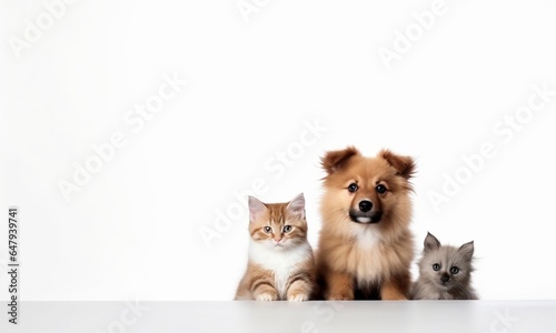 Backdrop with pictures of cute pets, puppies and kittens sitting together on a white background. © linen