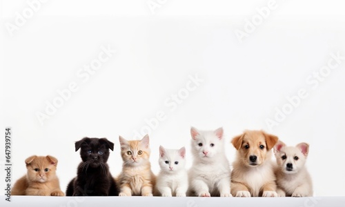 Backdrop with pictures of cute pets, puppies and kittens sitting together on a white background.