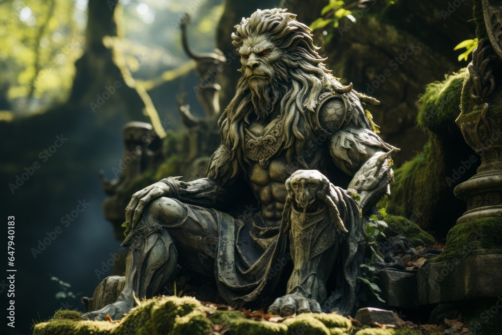 Stone statue of a mythical creature, adding intrigue to a garden or park, Generative AI Stone statue of a mythical creature, adding intrigue to a garden or park, Generative AI