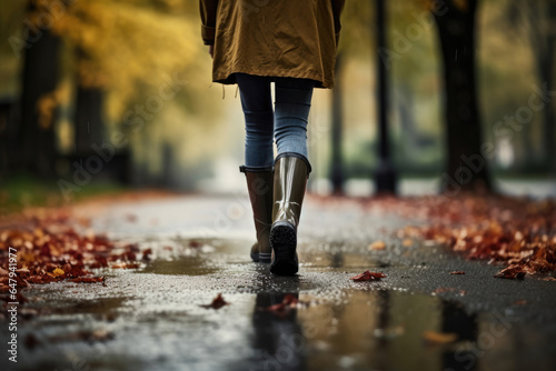 Back view of a woman going in an autumn park after the rain