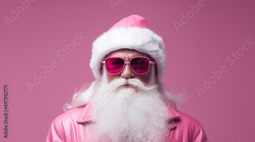 Fashion santa claus in pink suit and sunglasses against pink background. Creative Christmas scene