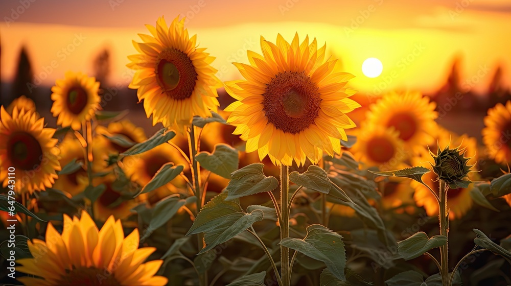 A field of sunflowers blooms beautifully in the golden light of sunset.