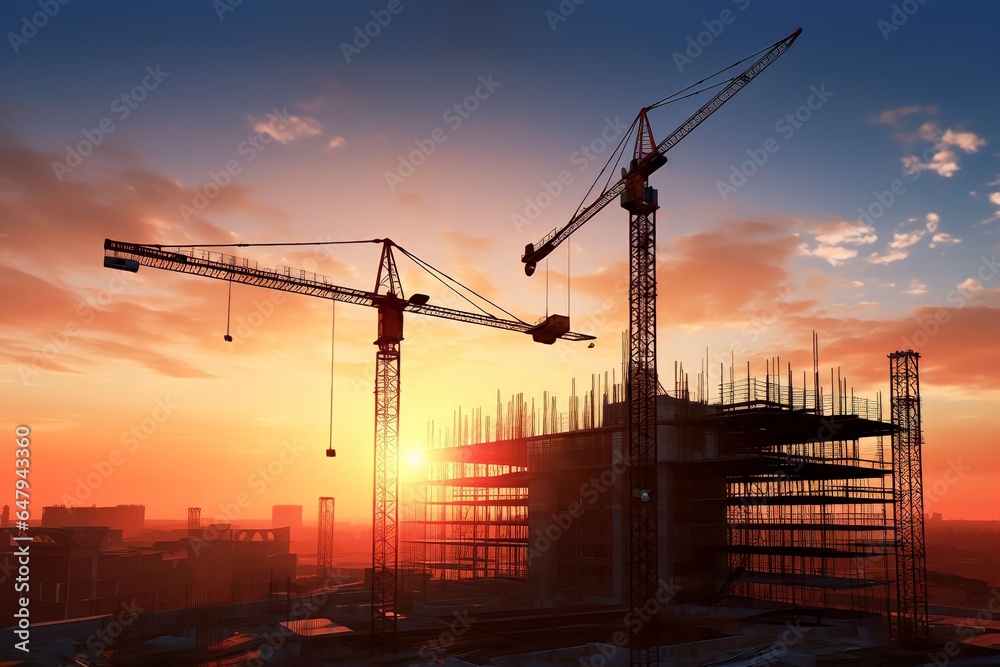 silhouette of crane and building construction site at sunset